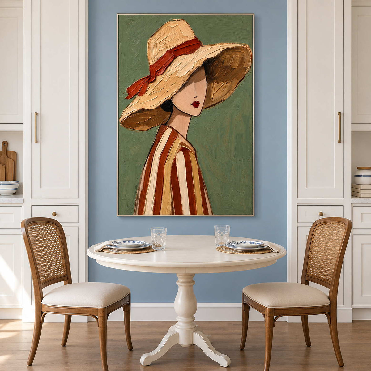 Green-background portrait above a white round dining table and woven-back chairs.