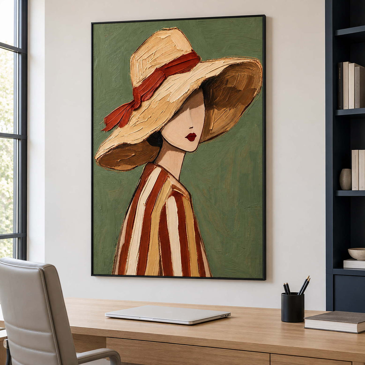 Rust-ribbon portrait above a wooden office desk beside dark blue bookshelves.