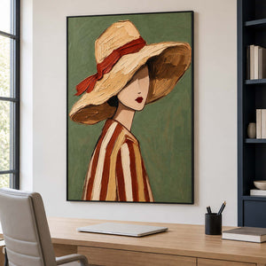 Rust-ribbon portrait above a wooden office desk beside dark blue bookshelves.