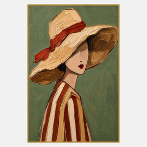 Turned figure with red lips, broad pale hat and rust-red ribbon, striped clothing, and muted green background.