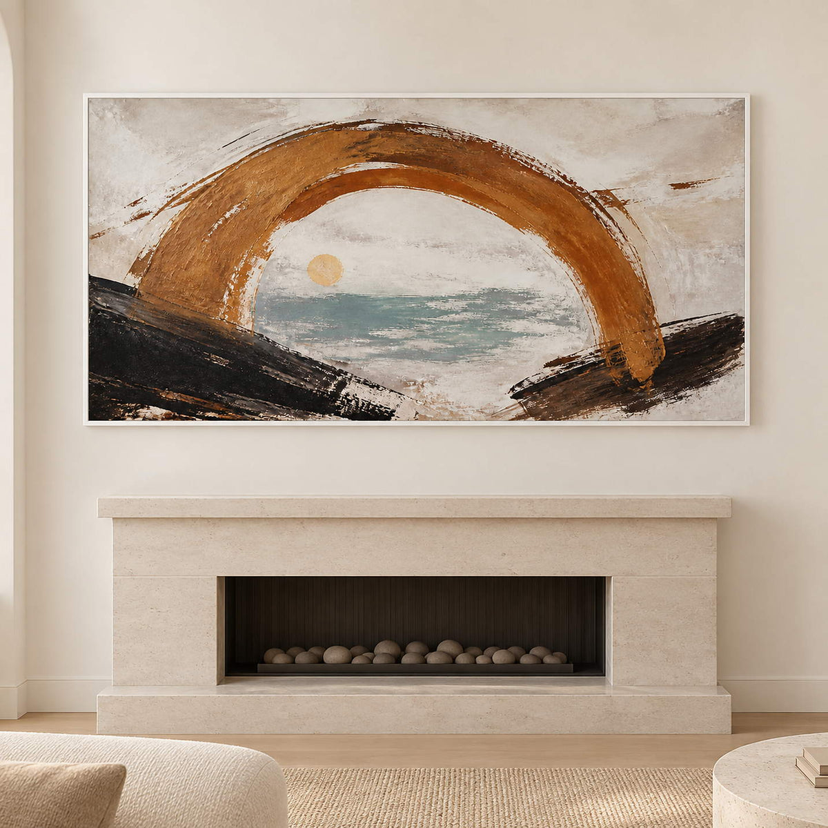 Hand-painted coastal abstract with a bronze arch sea-glass water and quiet sun, displayed beside or above a fireplace in a white frame.