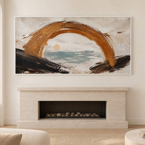 Hand-painted coastal abstract with a bronze arch sea-glass water and quiet sun, displayed beside or above a fireplace in a white frame.