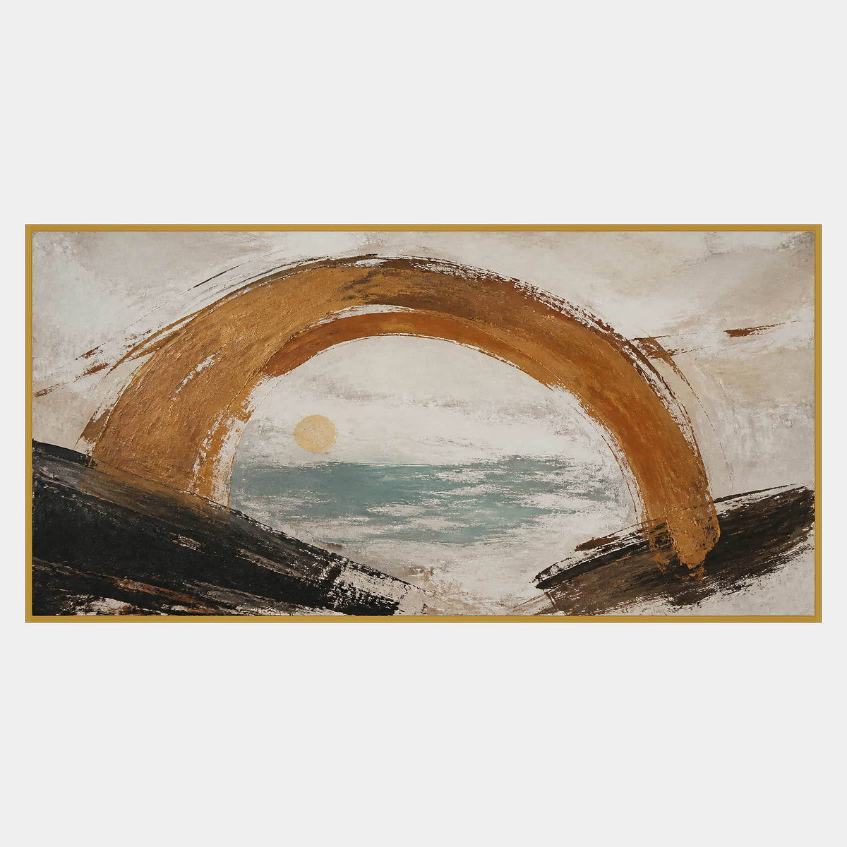 Hand-painted coastal abstract with a bronze arch sea-glass water and quiet sun.