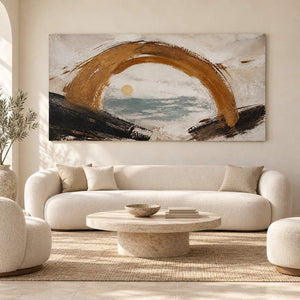 Hand-painted coastal abstract with a bronze arch sea-glass water and quiet sun, displayed in a living room without an outer frame.