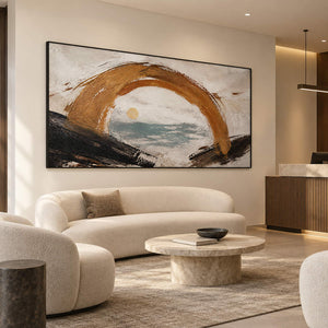 Hand-painted coastal abstract with a bronze arch sea-glass water and quiet sun, displayed in a lounge in a black frame.