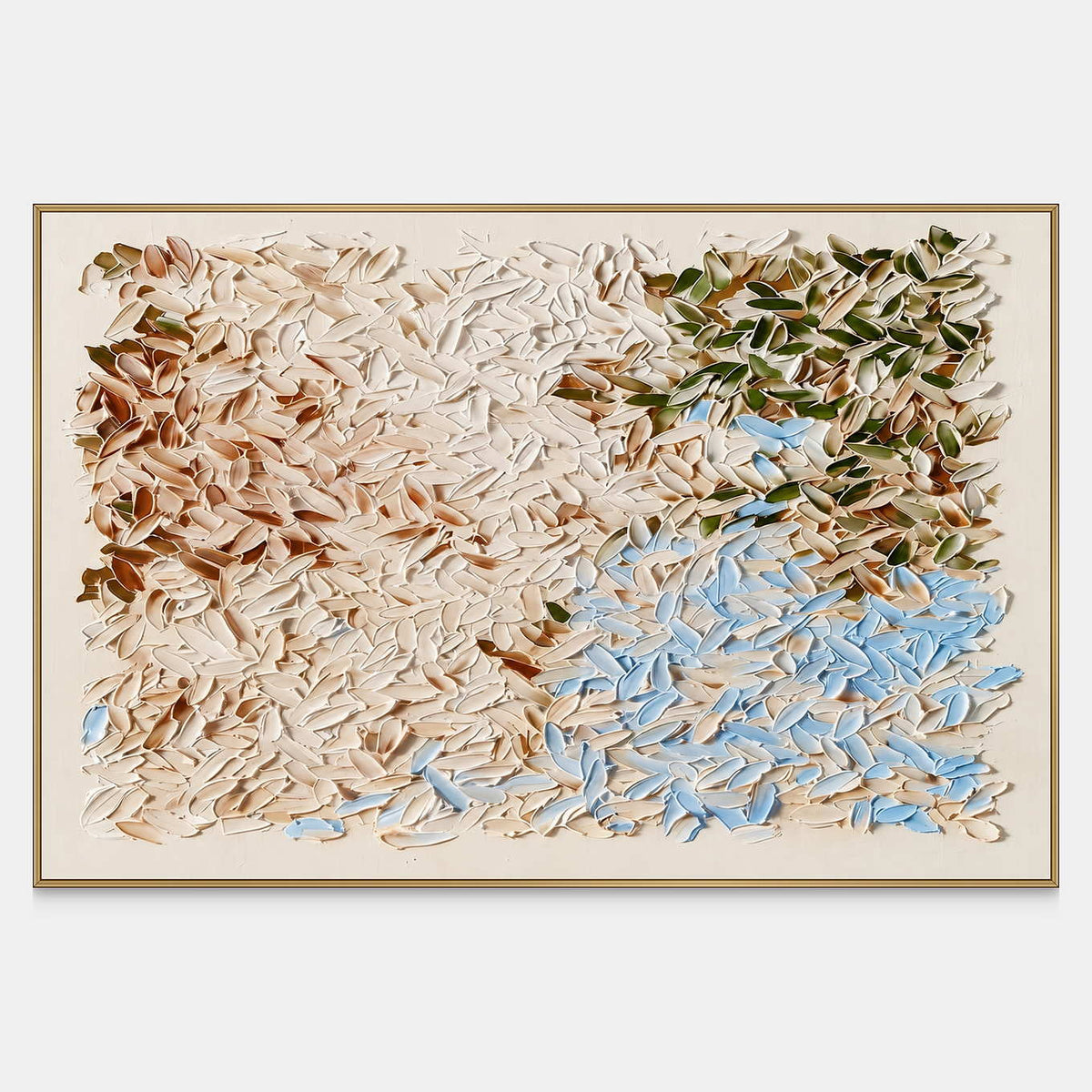 Front view of A Visit from Spring, a horizontal field of small cream, brown, pale blue and olive leaflike impasto marks.