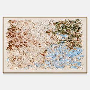 Front view of A Visit from Spring, a horizontal field of small cream, brown, pale blue and olive leaflike impasto marks.