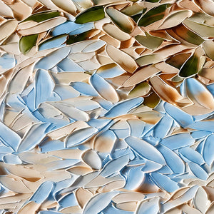 Close-up of A Visit from Spring showing curled cream, pale blue, brown and olive paint strokes casting small shadows.