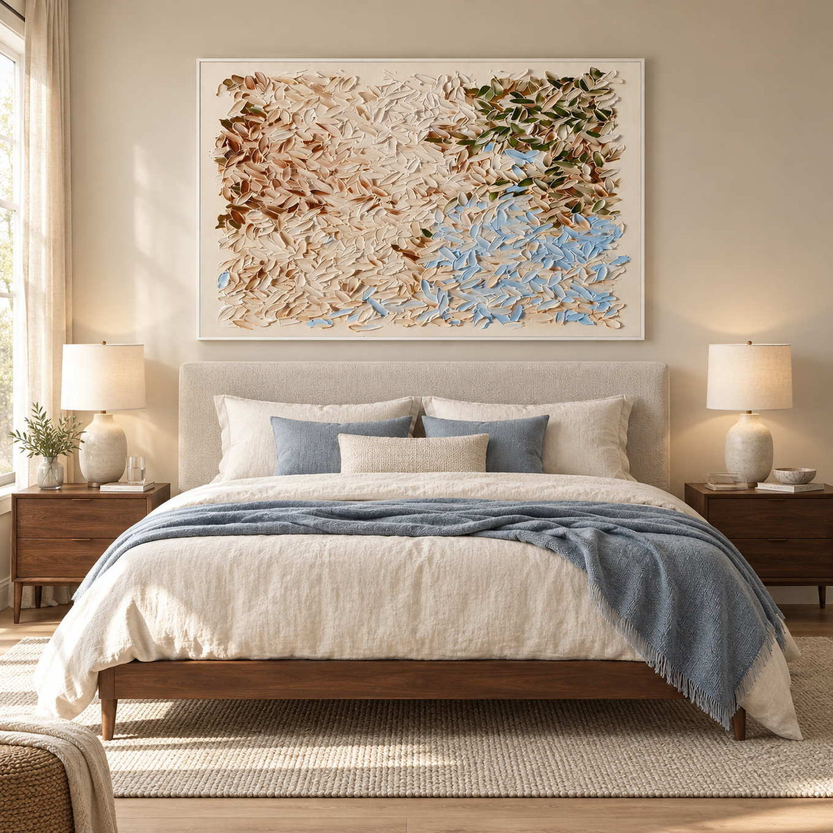 A Visit from Spring in a white frame above a neutral bed with a blue throw and matching cushions.