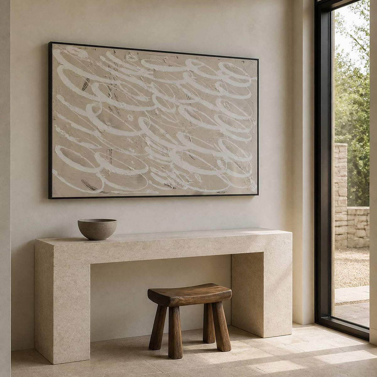 Black framed pale looping wall art above a stone entryway console.