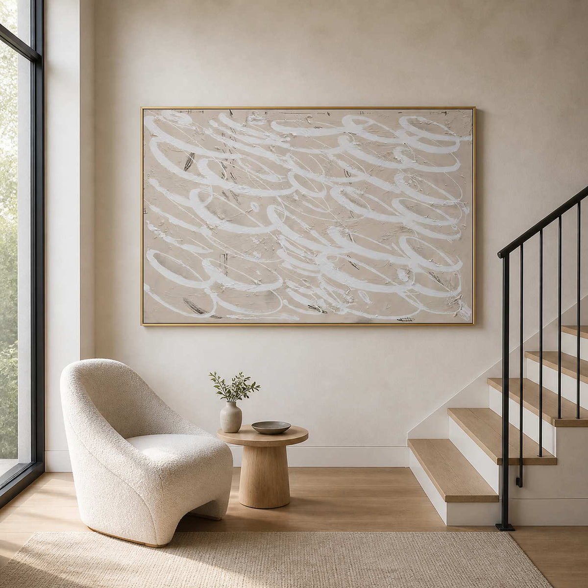 Gold framed white looping artwork above a reading chair beside wooden stairs.