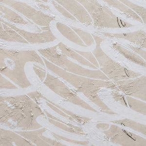 Detail of white looping brushwork, fine scratches, and raised beige surface texture.