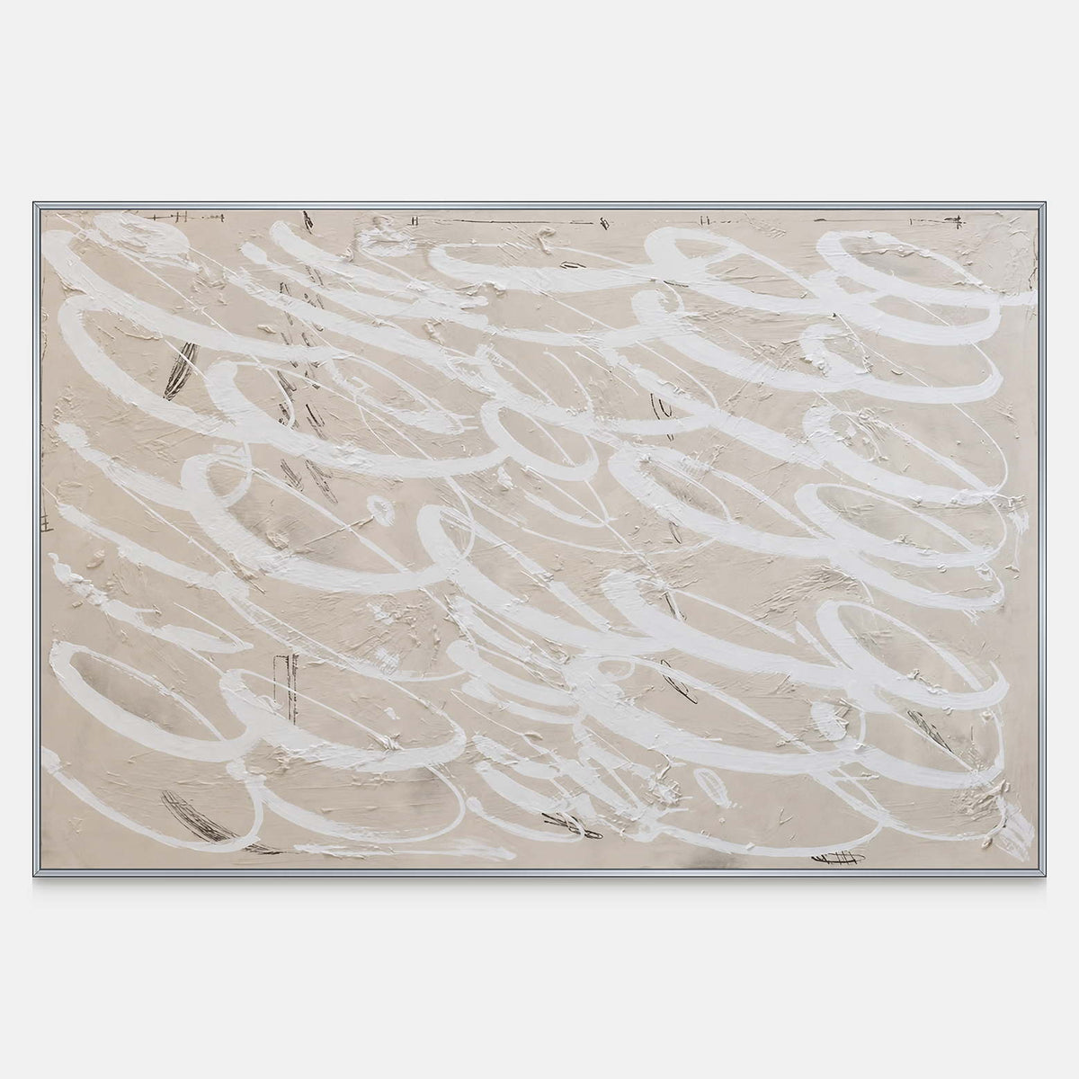 Horizontal beige abstract painting with white loops and faint scratched dark lines.