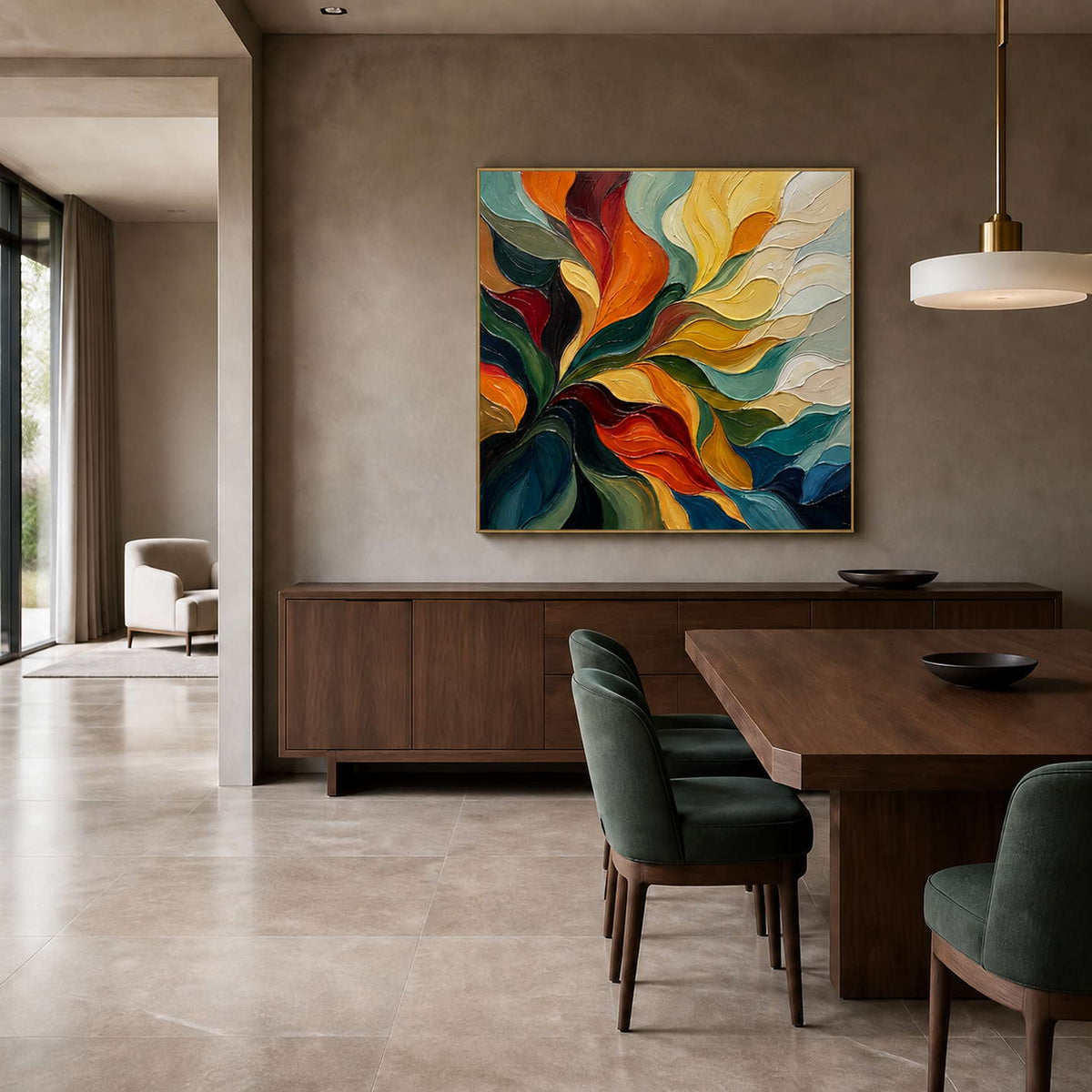 A Warm Embrace in a gold frame beside a walnut dining table and deep green chairs.