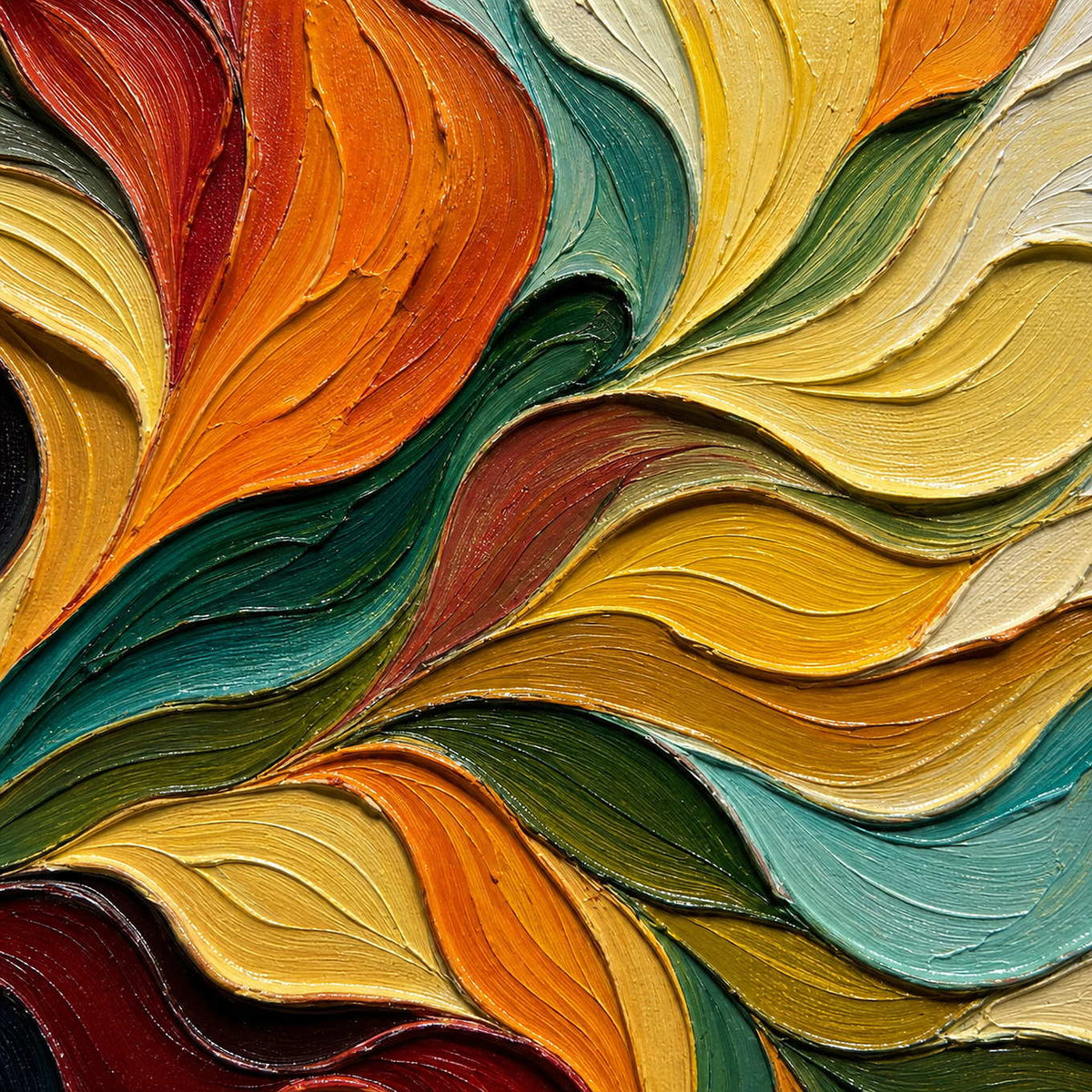 Close-up of A Warm Embrace showing raised orange, yellow, burgundy and teal paint following curved palette-knife marks.