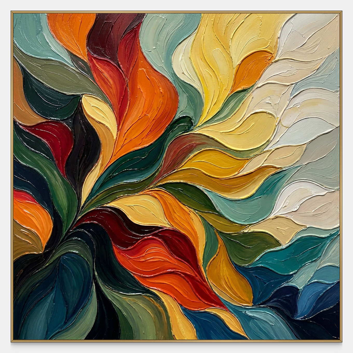 Front view of A Warm Embrace, a square textured abstract painting with sweeping orange, red, teal and cream curves.