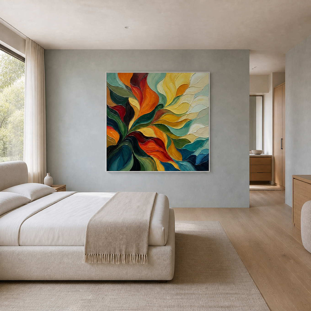 A Warm Embrace in a white frame on a pale blue bedroom wall beside a cream upholstered bed.