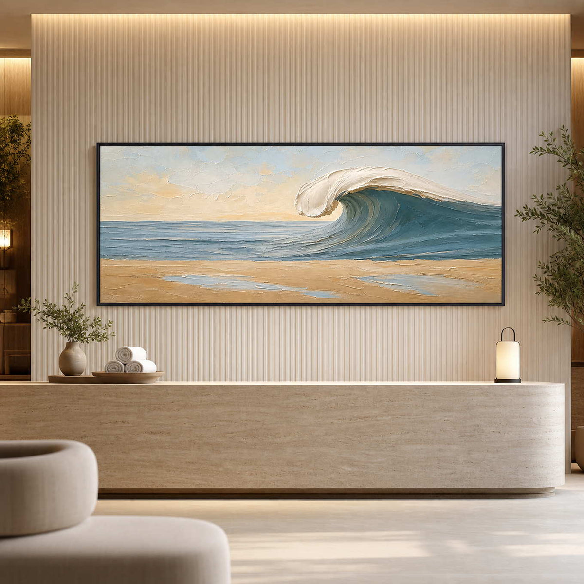 Textured Coastal Wall Art displayed in a refined spa reception.
