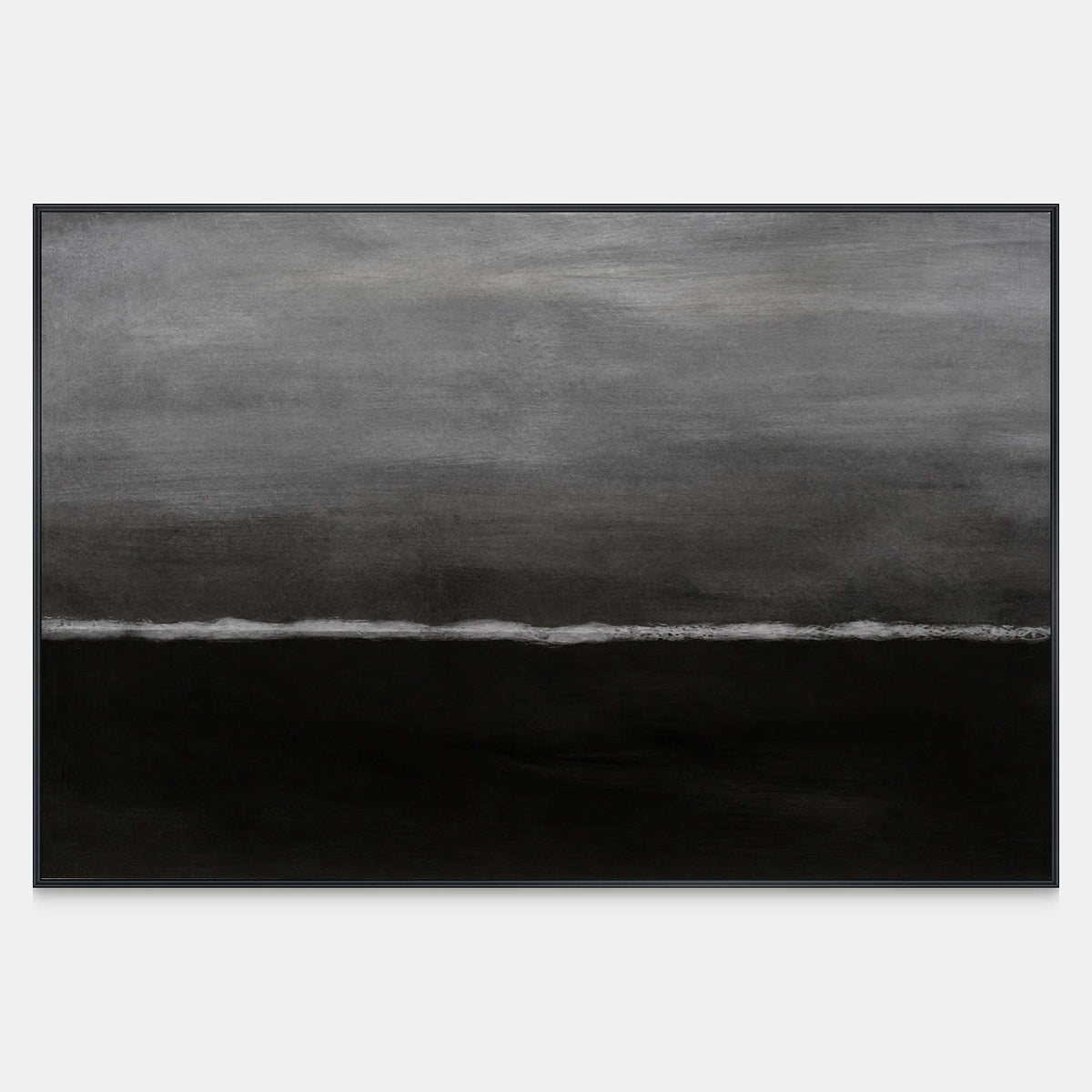 Wide abstract painting with gray haze, deep black, and a thin white wave line.
