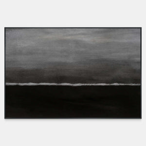 Wide abstract painting with gray haze, deep black, and a thin white wave line.
