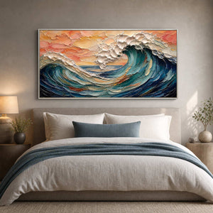 Panoramic sunset wave painting above a calm neutral bedroom.