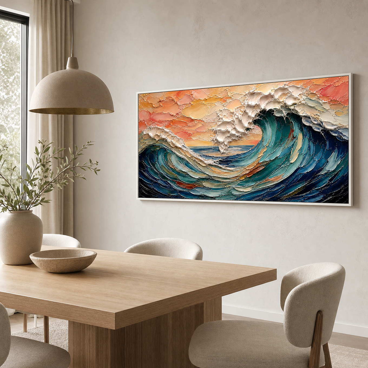 Textured ocean artwork displayed in a bright minimalist dining room.