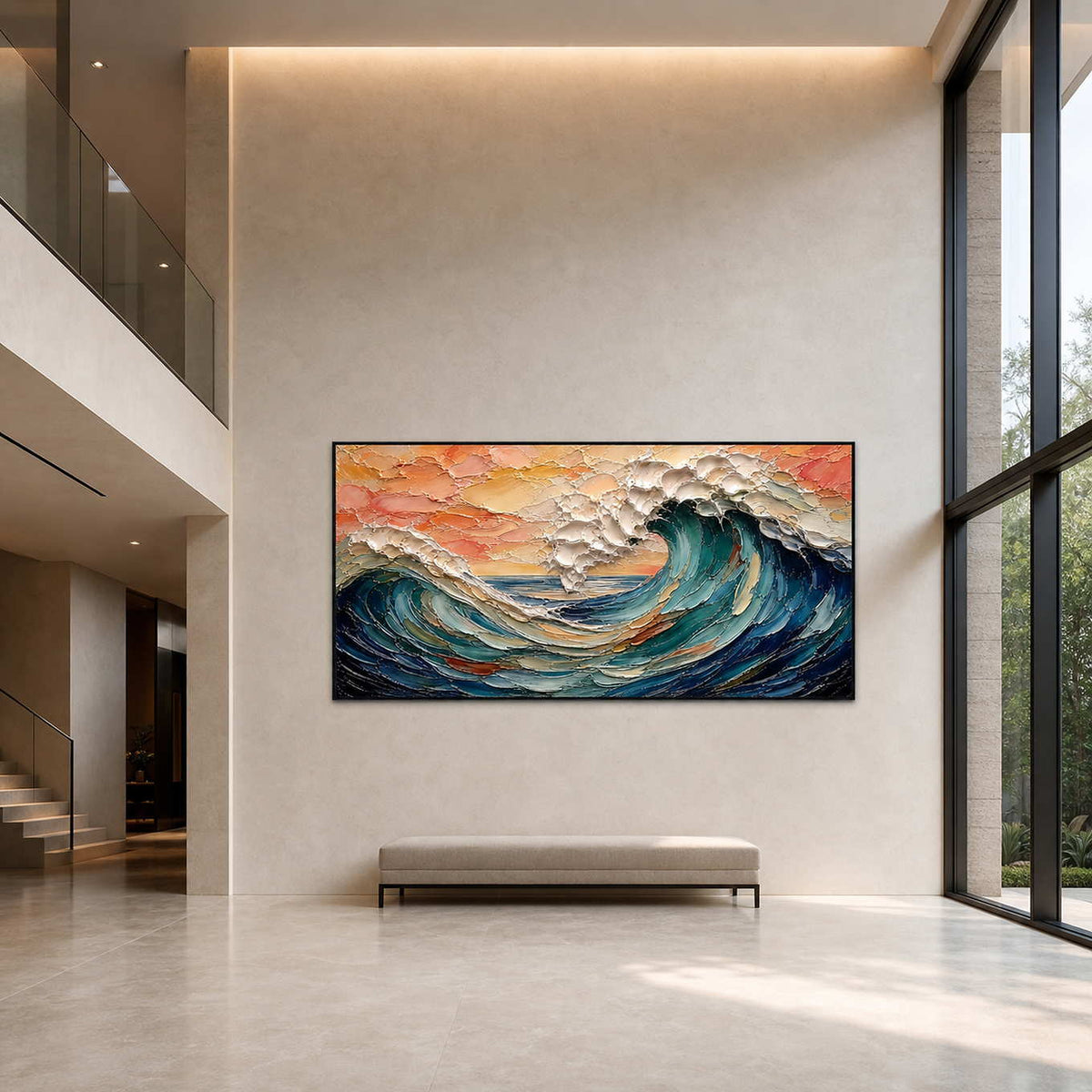 Panoramic textured wave artwork in a bright double-height foyer.