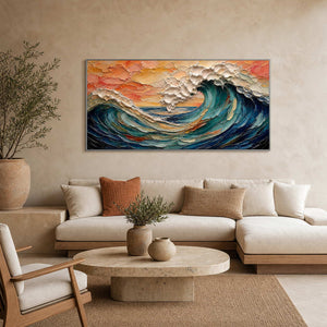 Vivid coastal wall art in a warm boutique hotel lounge.