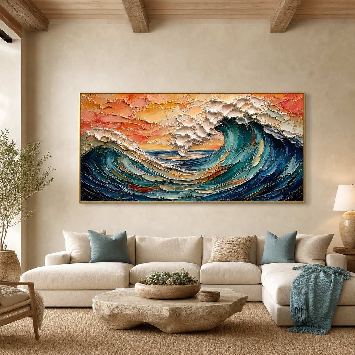 Teal wave painting with coral sky above a warm coastal living room.