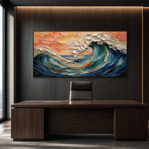 Bold teal coastal artwork in a refined dark wood office.