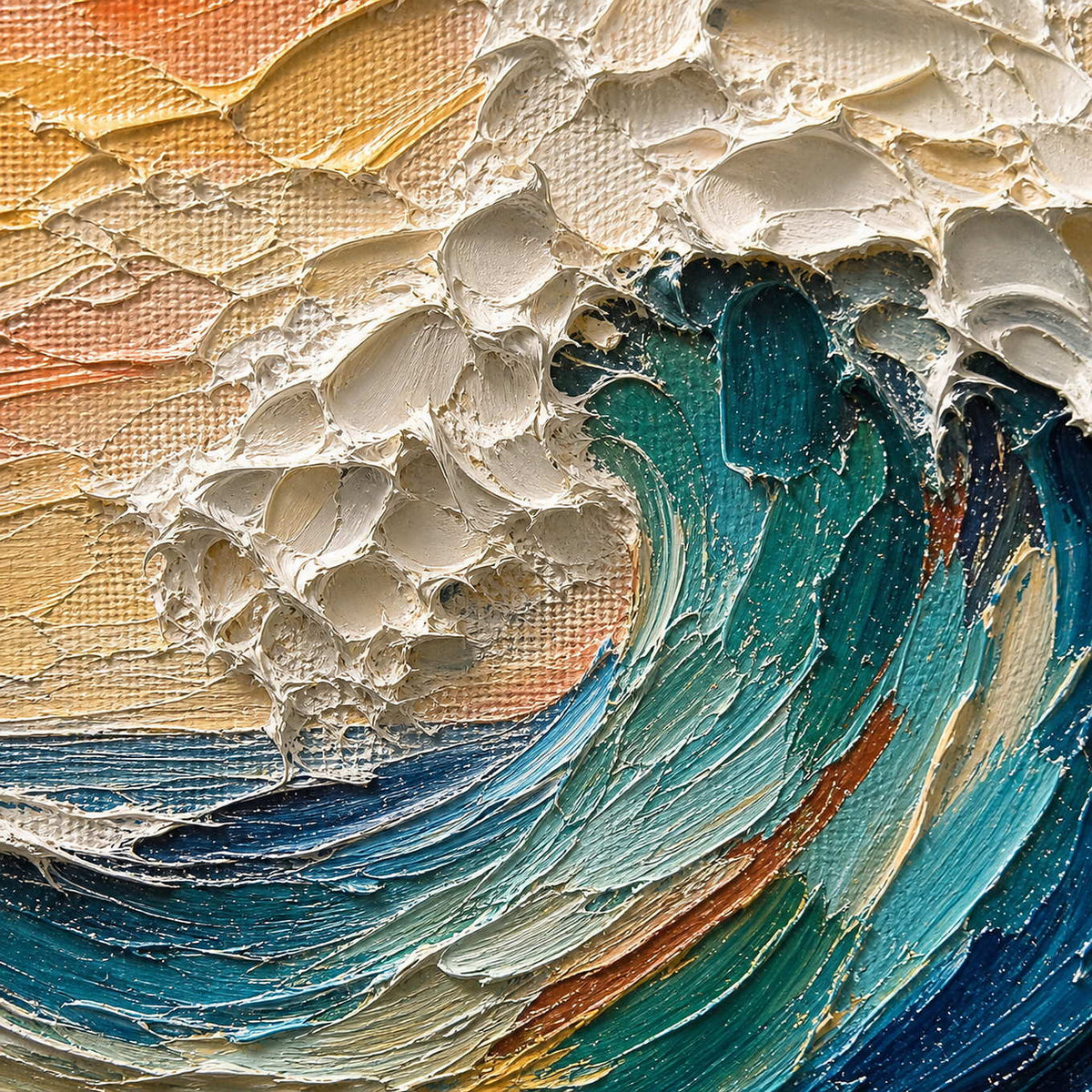 Close-up of thick ivory foam and layered teal palette-knife strokes.