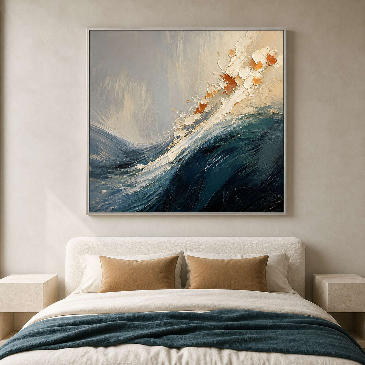 Textured Coastal Wall Art displayed in a refined bedroom.