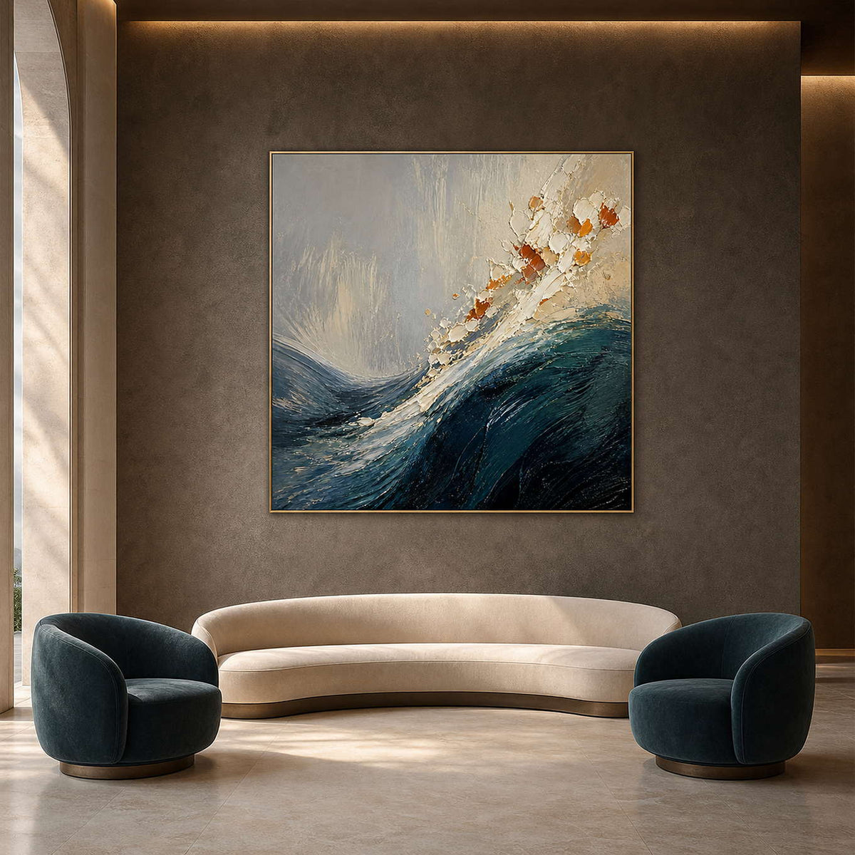 Textured Coastal Wall Art displayed in a refined hospitality lounge.
