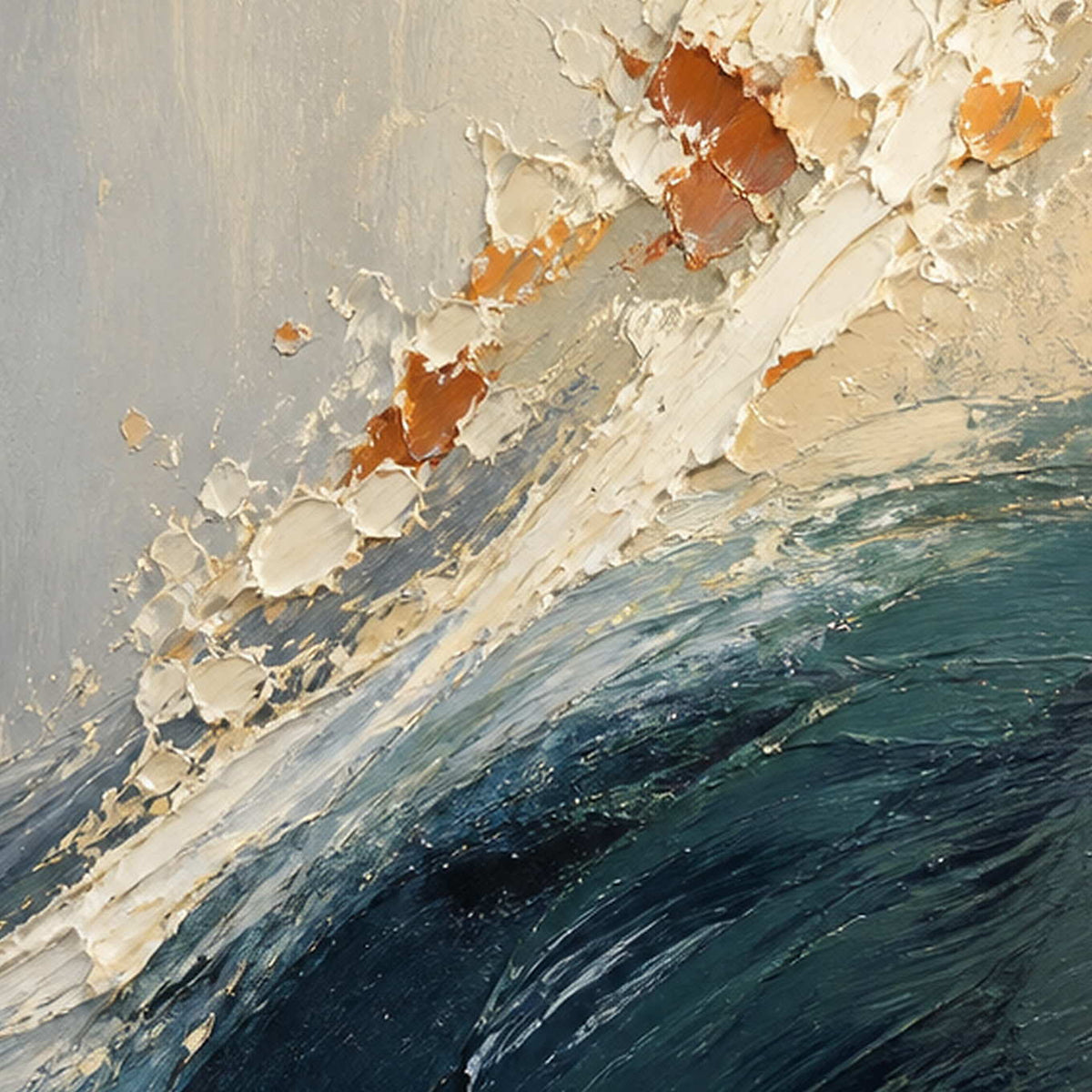 Close-up of raised hand-painted texture in blue, white, and warm tones.