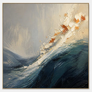 Hand-painted textured coastal wall art with blue, white, and warm tones tones.
