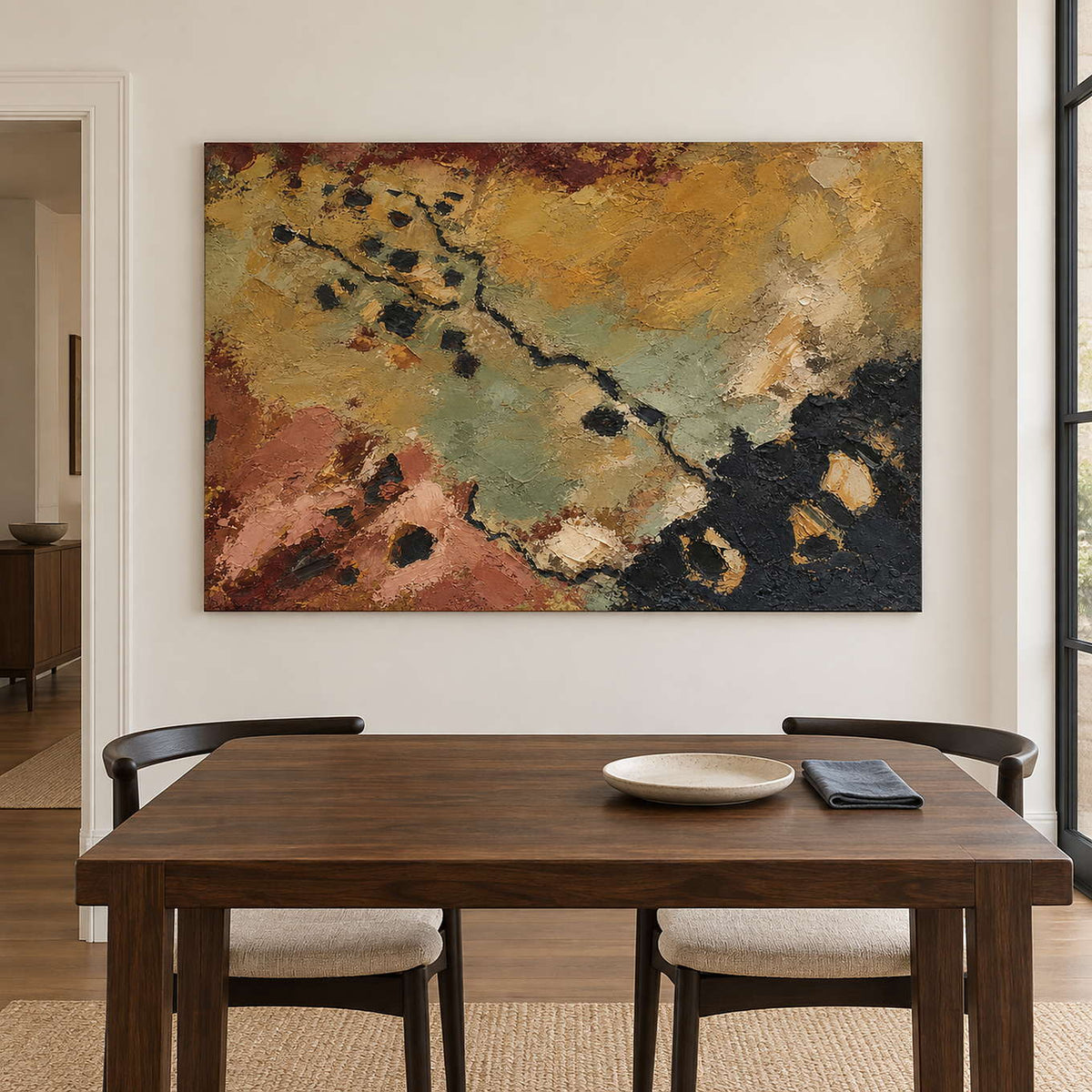Weathered ochre, moss green and rust tones crossed by dark marks without an outer frame, displayed above a dining table.