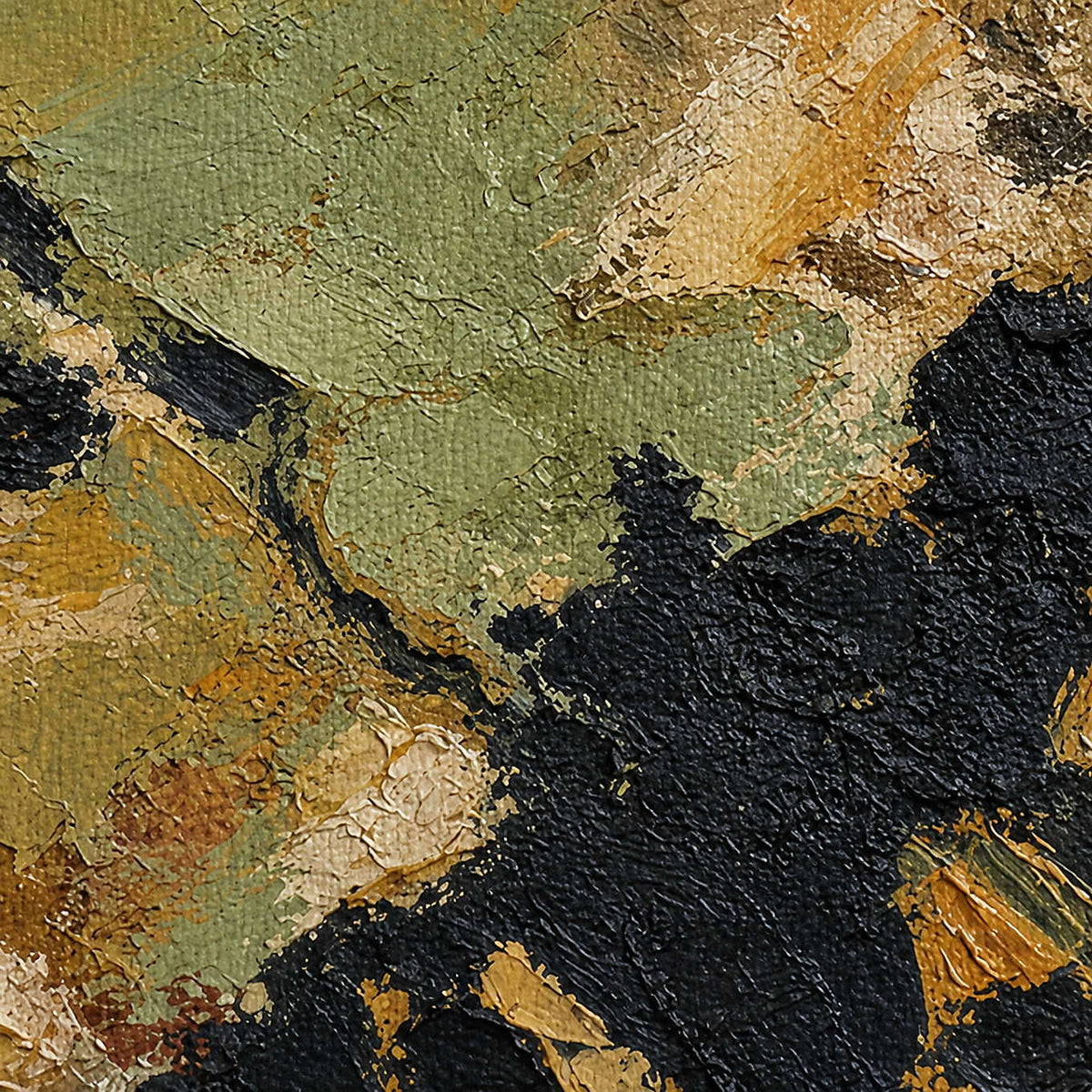 Detail of A Weathered Calm, showing the mottled earth tones and dark textured marks.