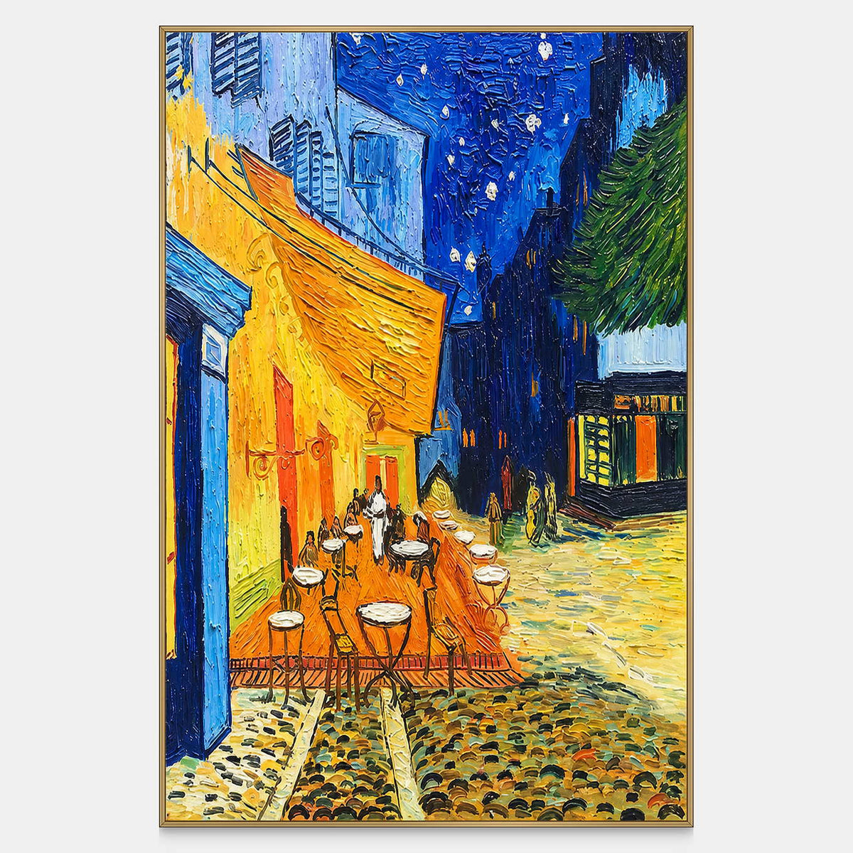 Yellow café awning and blue night sky fill a textured cityscape painting.