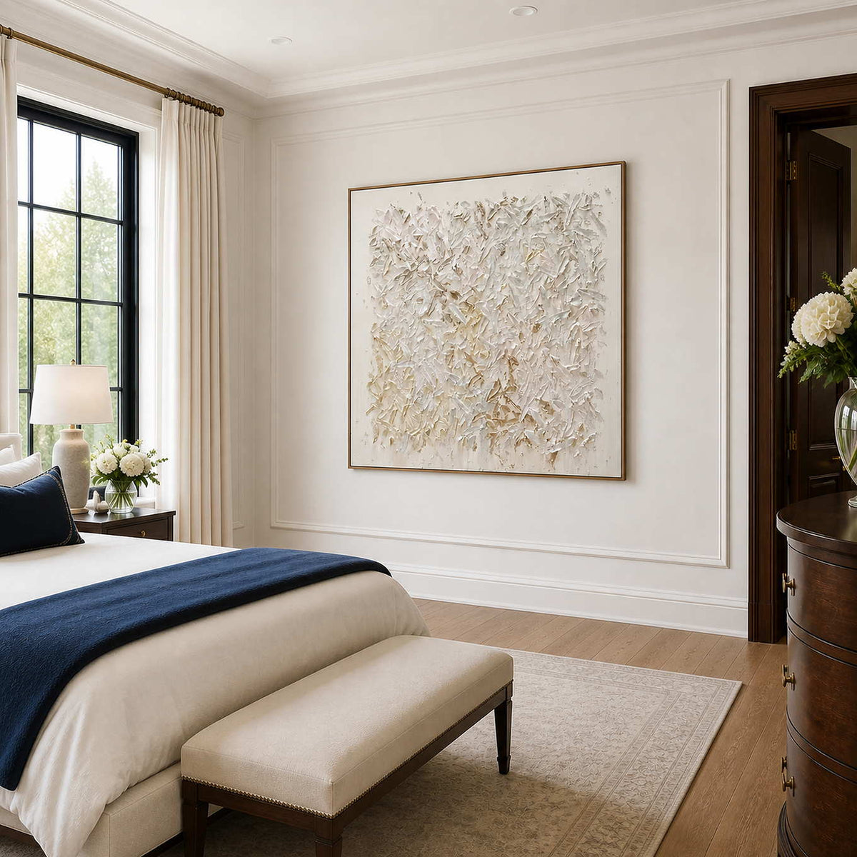 Angled bedroom view of white textured wall art, cream bedding, and a curved wooden dresser.