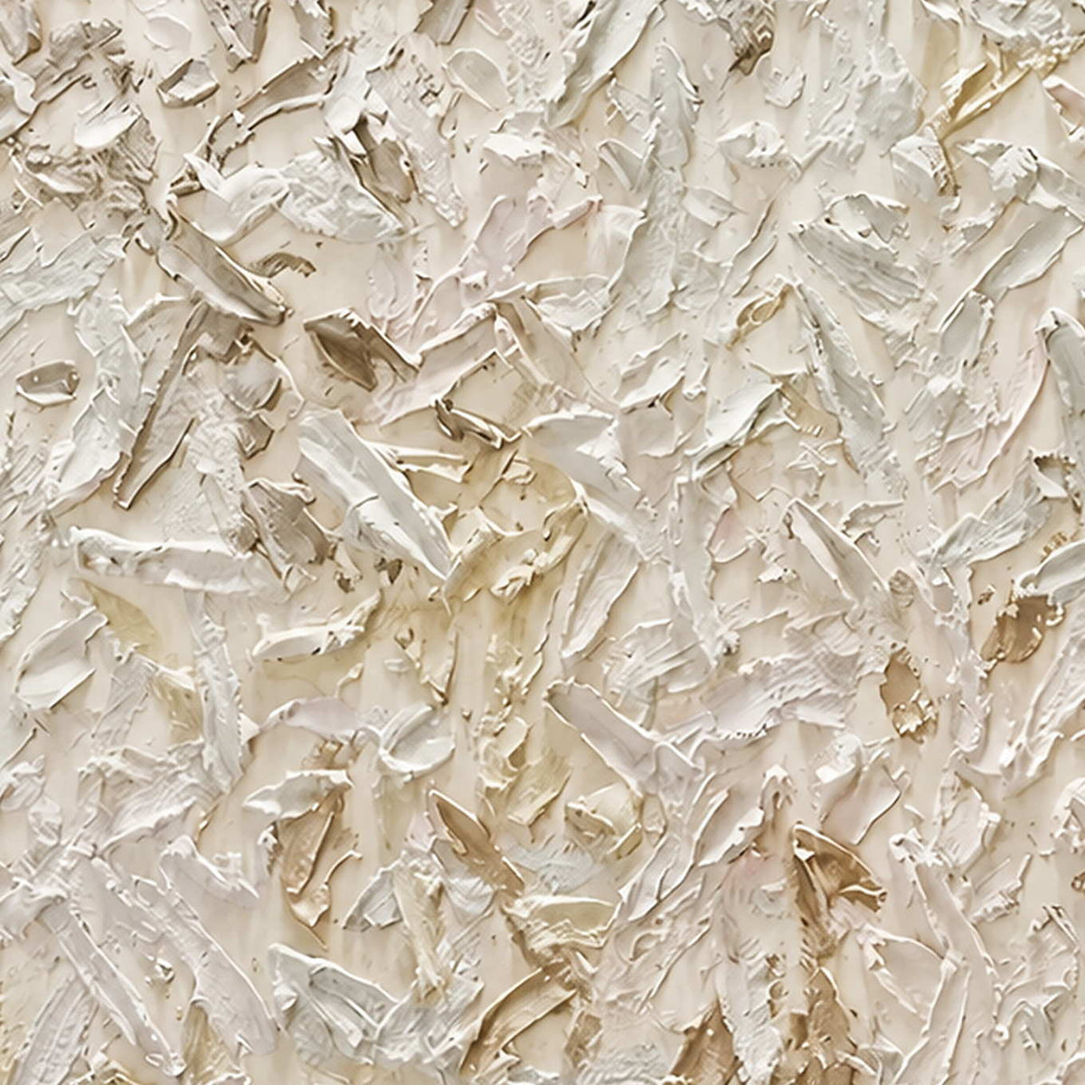 Close-up of densely layered pale impasto strokes with petal-like edges and delicate warm shadows.