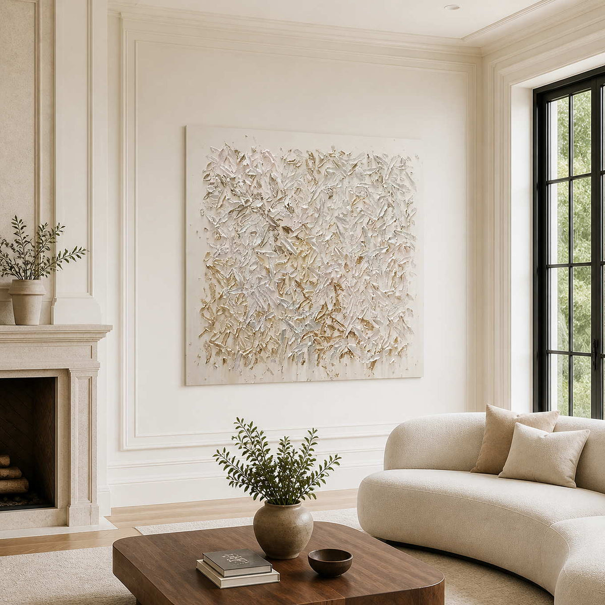 Frameless white textured artwork beside a fireplace and curved cream sofa in a bright lounge.