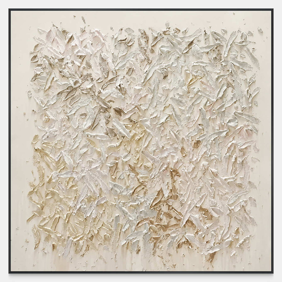Square abstract artwork with dense pale raised strokes, petal-like edges, and a quiet cream border.