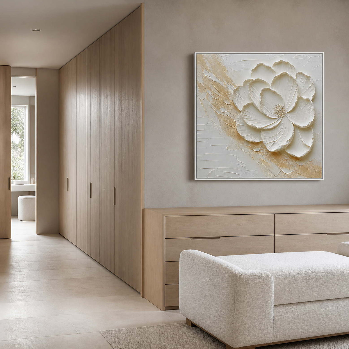 Ivory floral relief displayed in a light oak bedroom dressing area.
