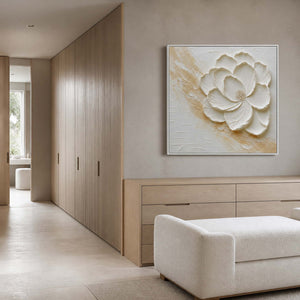 Ivory floral relief displayed in a light oak bedroom dressing area.