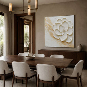 Textured botanical artwork displayed above a smoke-gray walnut dining room.