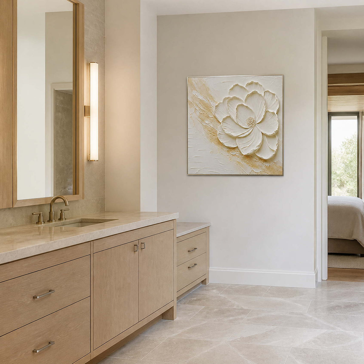 Sculptural white bloom viewed in a warm gray stone bathroom.