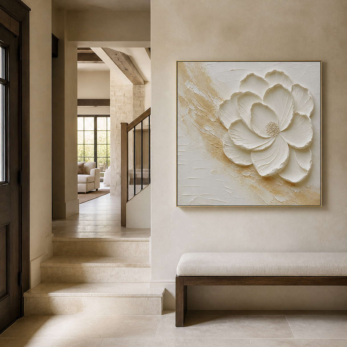 Textured flower wall art displayed in a warm stone residential entryway.