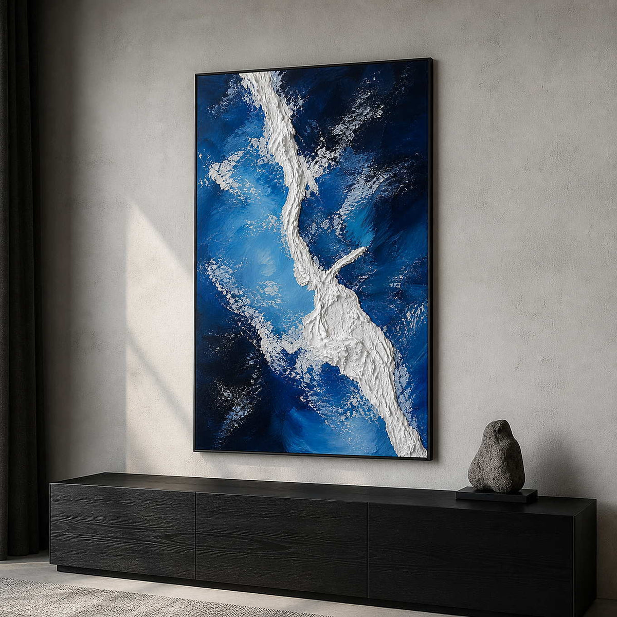 Blue and white vertical wall art in a contemporary private office.