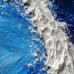 Close-up of cobalt brushwork and raised ivory palette-knife texture.