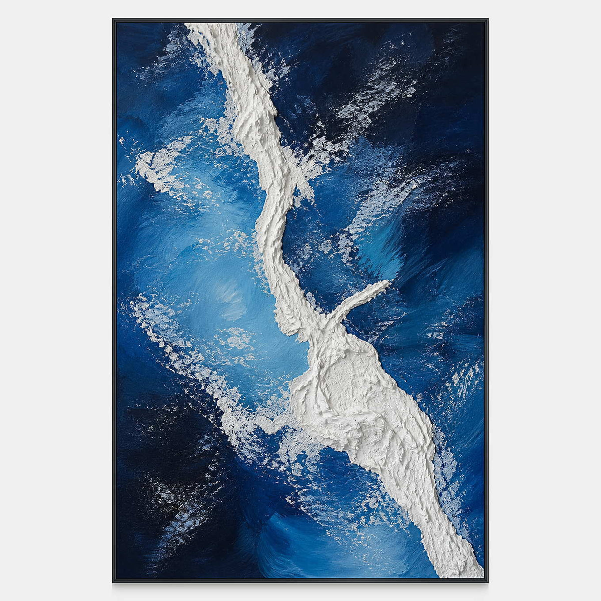Hand-painted vertical artwork with an ivory current through deep ocean blue.